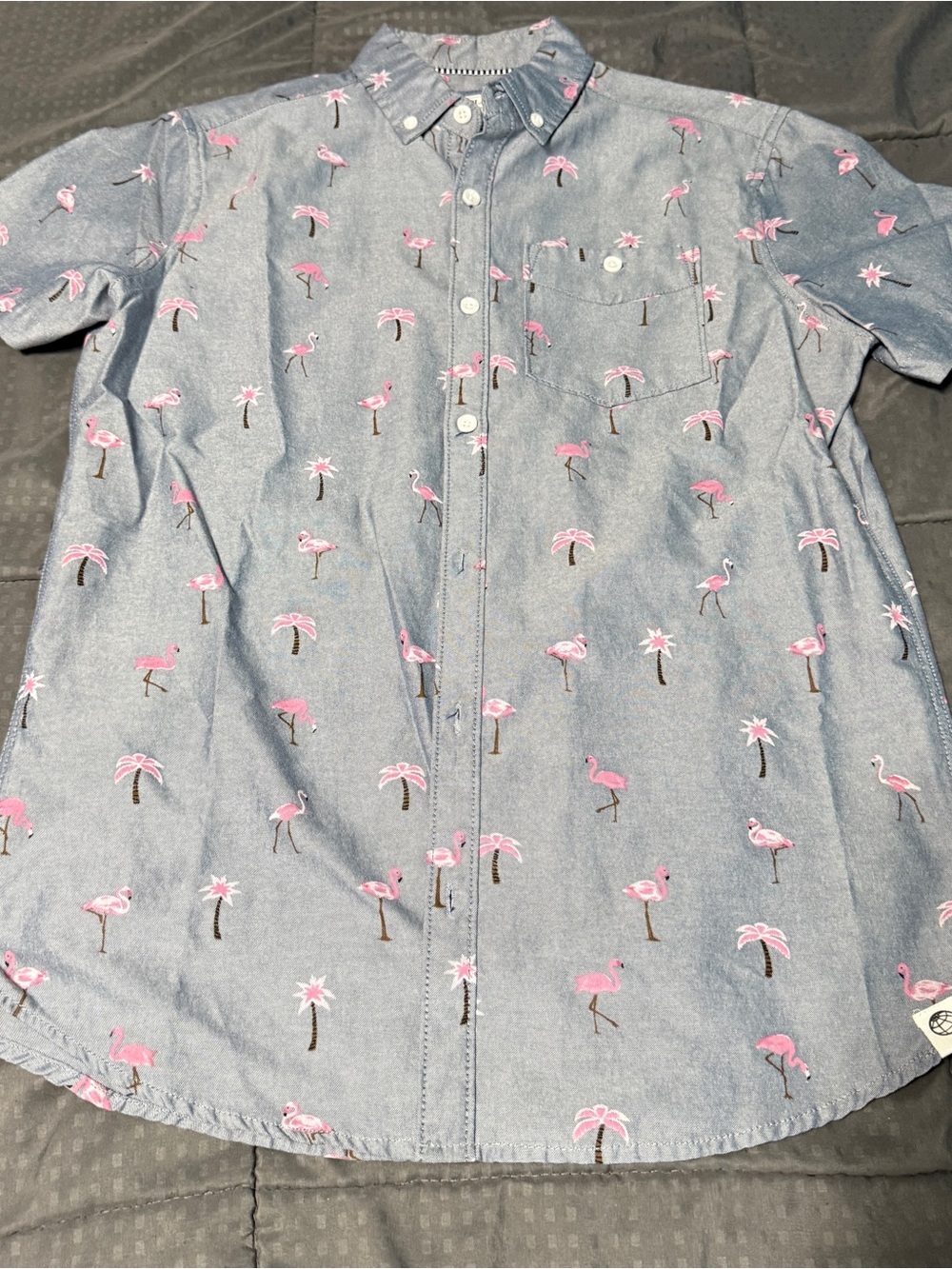 Free Planet Men’s Small Short Sleeve Flamingo Palm Leaves Cruise Vacation Preppy